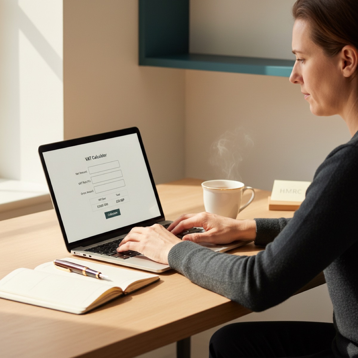 A UK freelancer at a calm home desk with a laptop showing a VAT calculator, an open notebook, and a mug of tea — afternoon light through a window.